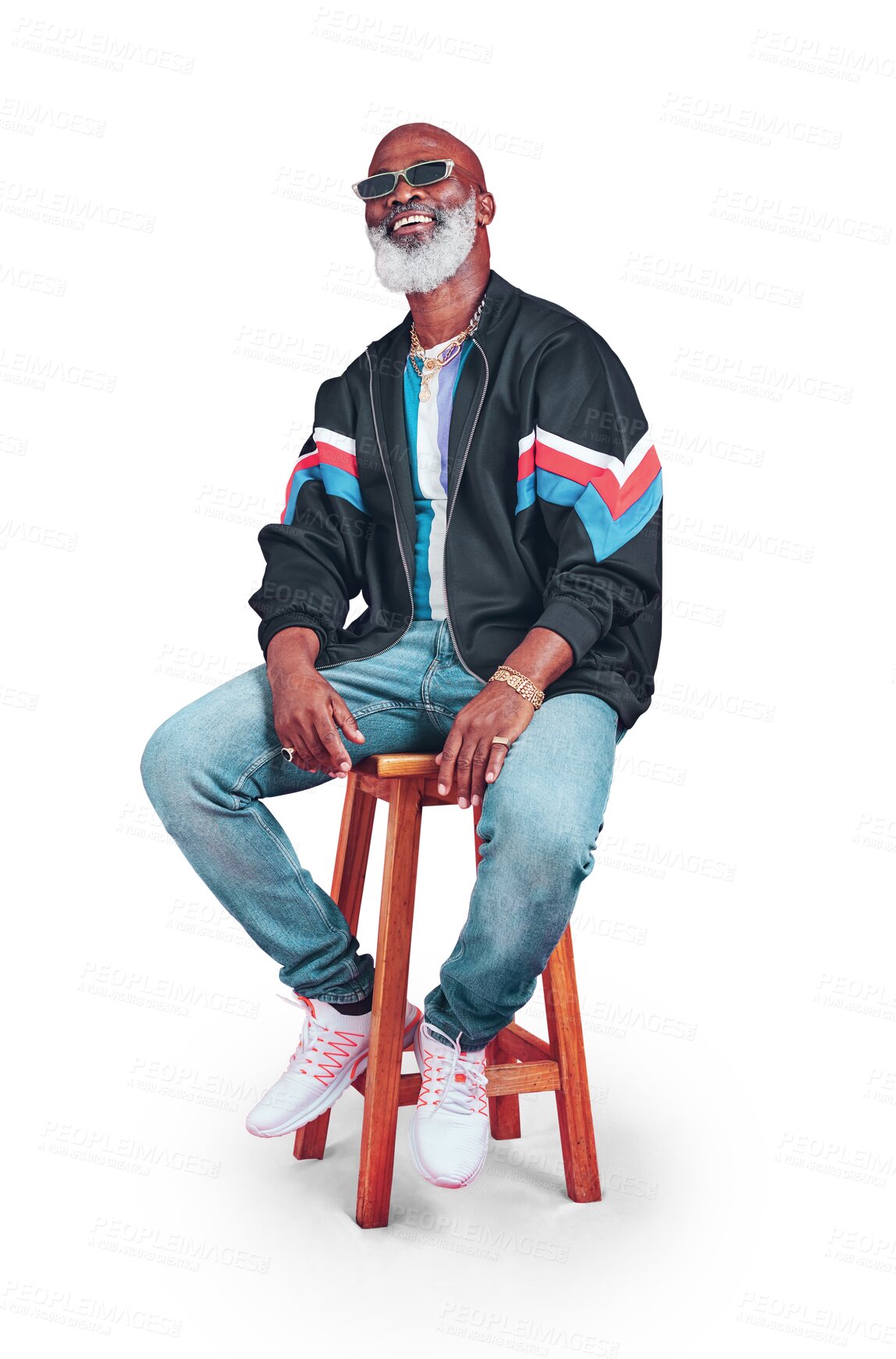 Buy stock photo Happy senior black man, retro fashion or cool outfit in casual style isolated on png transparent background. Sunglasses, vintage or African person in streetwear on chair with confidence or smile