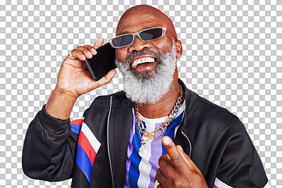 Buy stock photo Phone call, smile and senior man with fashion, connection and communication isolated on a transparent background. African person, mature model or guy with a smartphone, conversation or png with style
