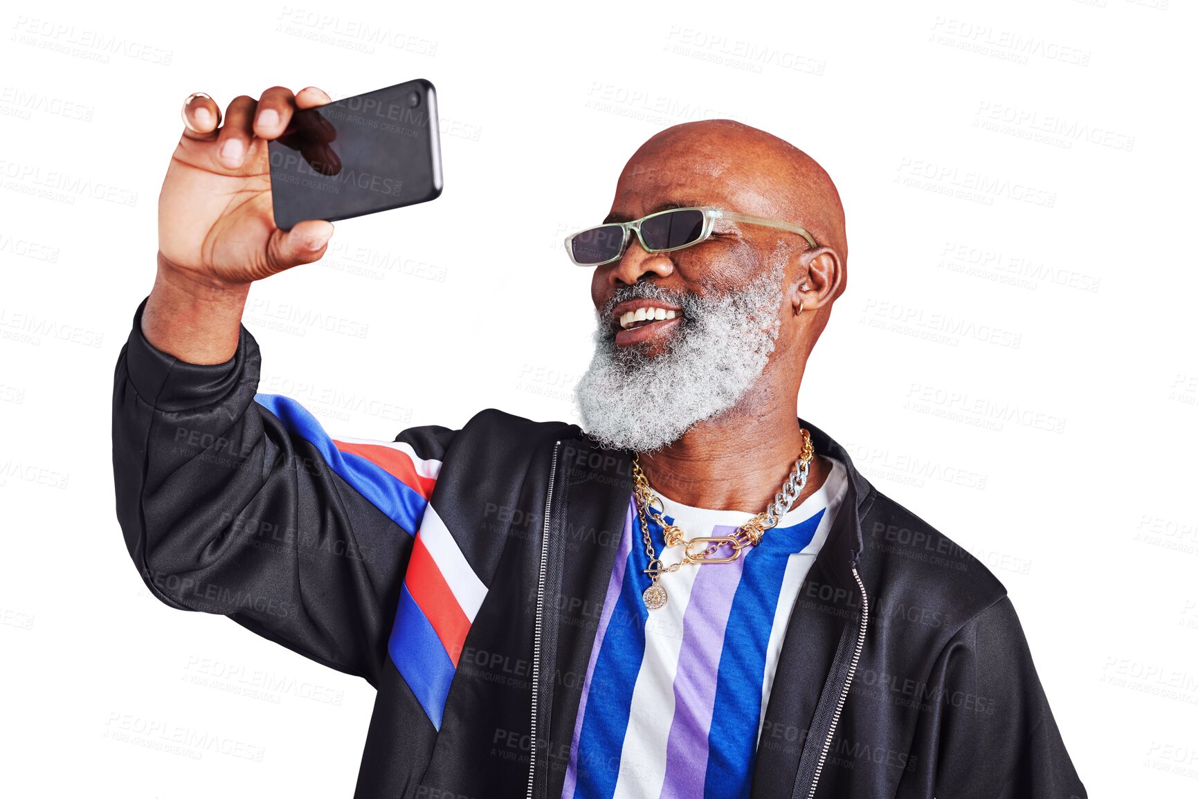 Buy stock photo Fashion, selfie and senior man with a smile, social media and connection isolated on transparent background. African person, mature guy or model with a profile picture, post or vintage style with png