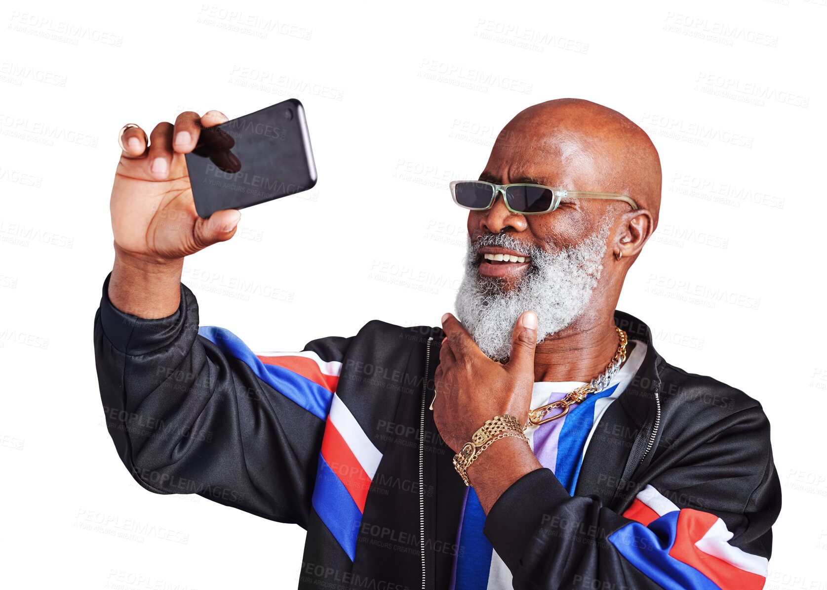 Buy stock photo Fashion, selfie and senior man with a smile, connection or vintage style isolated on transparent background. African person, mature guy or model with a profile picture, new post or happiness with png