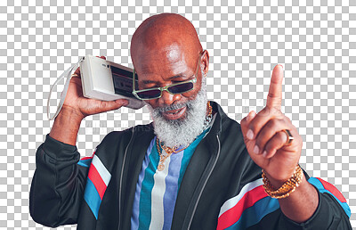Buy stock photo Music, fashion and cassette with a senior black man isolated on transparent background to listen to a tape. Retro, sunglasses or sound with an elderly person on PNG to hear audio on vintage equipment