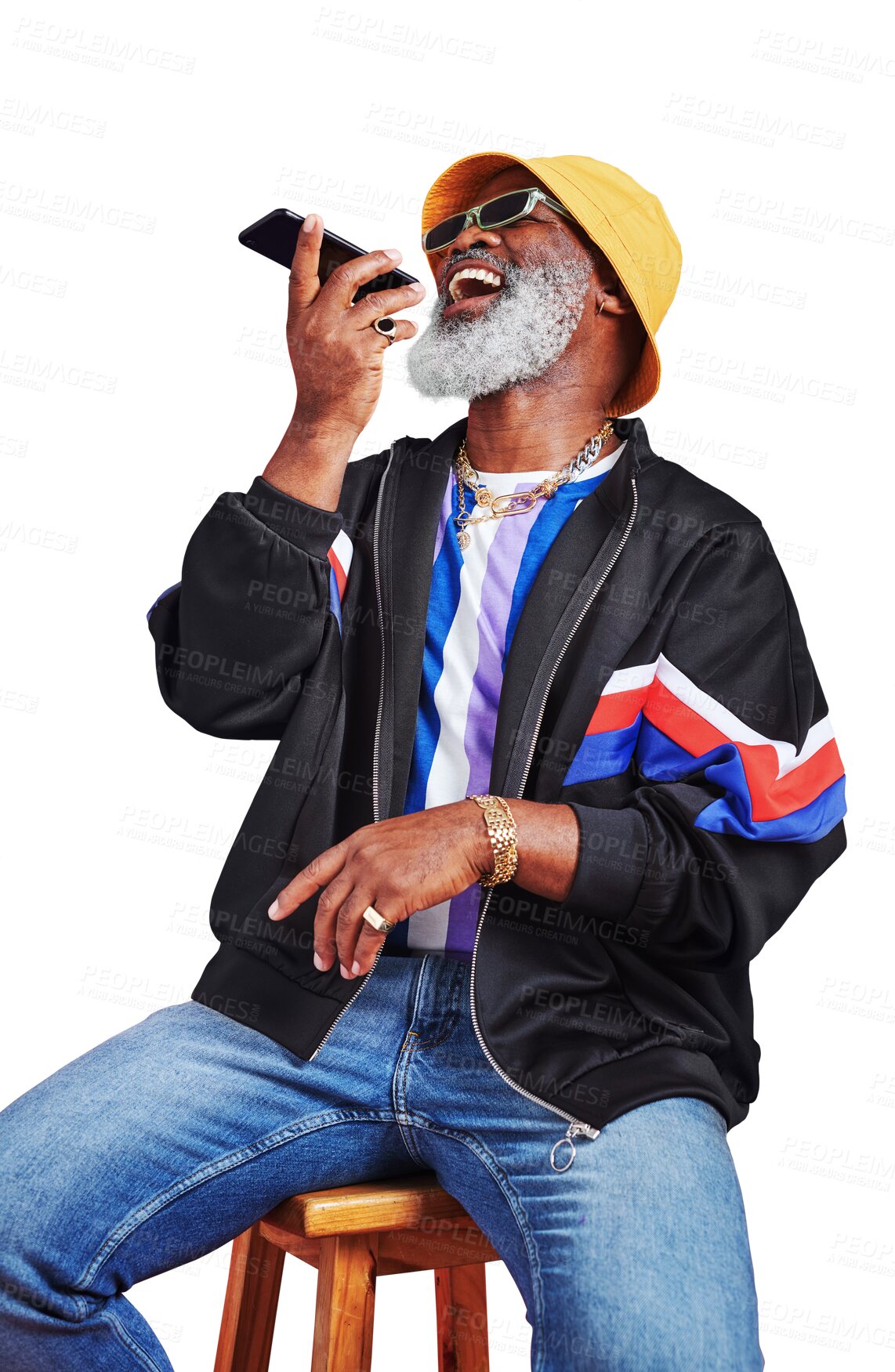 Buy stock photo Phone call, speaker and senior man with fashion, funny or communication isolated on transparent background. African person, mature model or guy with cellphone, conversation or png with stylish outfit
