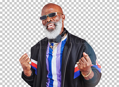 Buy stock photo Portrait, success and yes with a senior black man isolated on a transparent background as a winner. Wow, sunglasses and attitude with an elderly person on PNG to gesture in celebration of a bonus