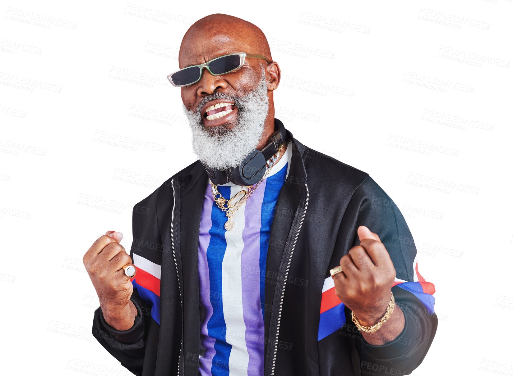 Buy stock photo Portrait, success and yes with a senior black man isolated on a transparent background as a winner. Wow, sunglasses and attitude with an elderly person on PNG to gesture in celebration of a bonus