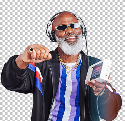Buy stock photo Senior man, headphones and cassette player with music, retro tech and fashion isolated on png transparent background. Dancing, streetwear and listen to radio, African model with vintage audio gadget