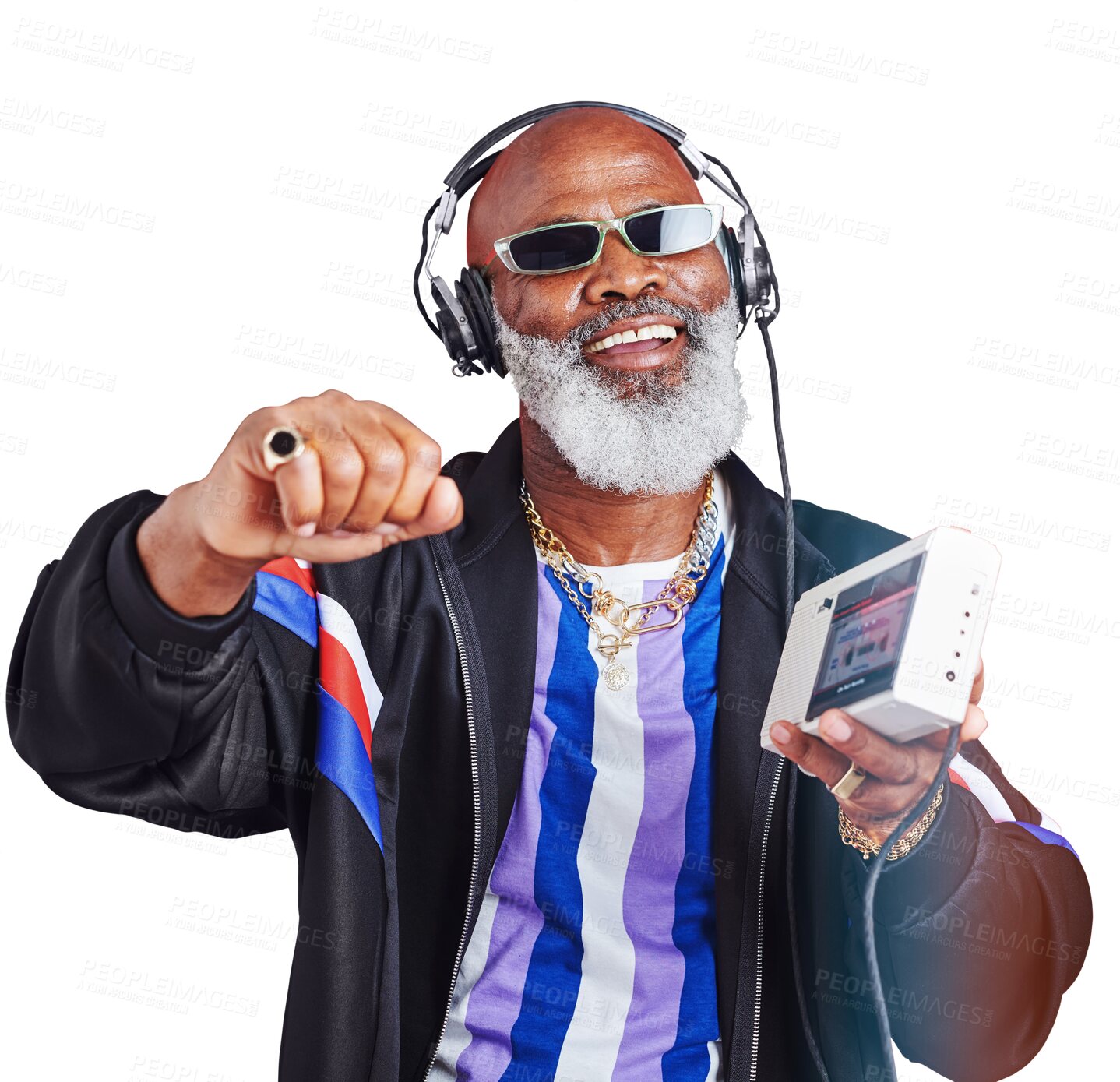 Buy stock photo Senior man, headphones and cassette player with music, retro tech and fashion isolated on png transparent background. Dancing, streetwear and listen to radio, African model with vintage audio gadget