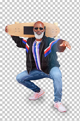 Buy stock photo Skateboard, fashion and senior man with casual, cool and stylish retro outfit for skating. Sunglasses, confident and elderly African skater with trendy style isolated by transparent png background.