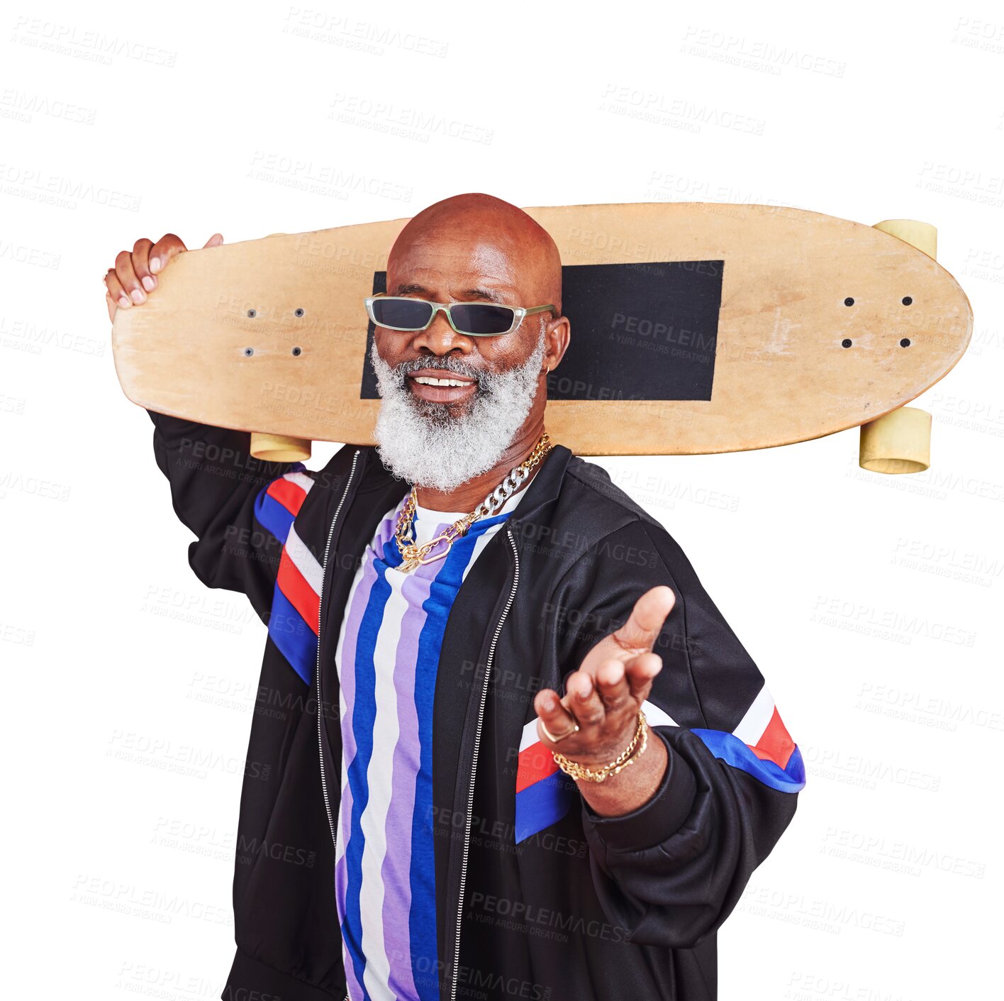 Buy stock photo Skateboard, fashion and senior man with stylish, cool and retro casual outfit for skating. Smile, aesthetic and elderly African male skater with trendy style isolated by transparent png background.