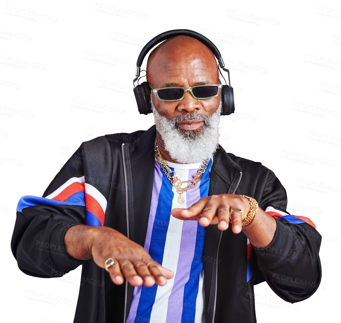 Buy stock photo Black man, senior and headphones for music with fashion, retro clothes and cool isolated on png transparent background. Dancing, audio streaming and model in streetwear with DJ, party and sound