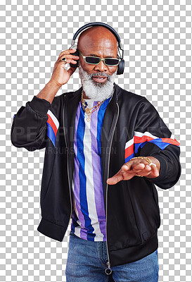 Buy stock photo Senior black man, vintage fashion or headphones streaming music in a cool style isolated on png. Transparent background, sunglasses or mature African person in retro streetwear listening to radio DJ