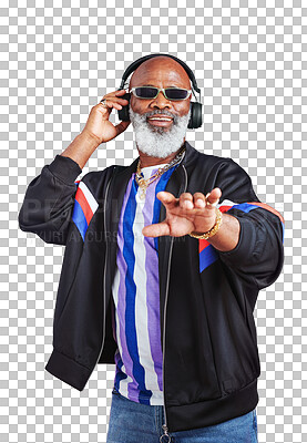 Buy stock photo Happy senior black man, fashion or headphones streaming music in cool retro style isolated on png. Transparent background, sunglasses or mature African person in vintage outfit listening to radio DJ