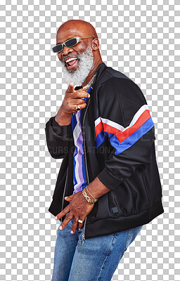 Buy stock photo Happy, fashion and senior man with stylish, cool and retro casual outfit for vintage aesthetic. Smile, confident and elderly African model with trendy style isolated by transparent png background.