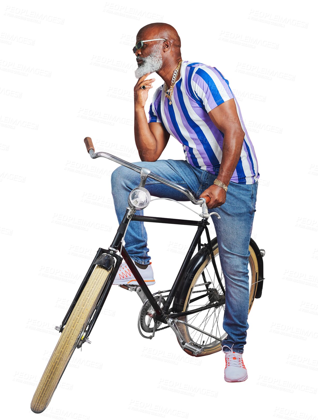 Buy stock photo Senior person, bicycle or retro fashion in cool outfit isolated on png transparent background. Sunglasses, thinking or mature black man in creative streetwear jeans on vintage bike with confidence 