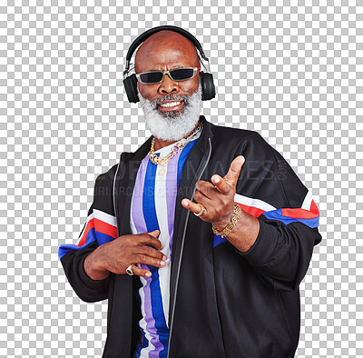 Buy stock photo Portrait of senior black man, fashion or headphones listening to music in cool retro style isolated on png. Transparent background, vintage sunglasses or mature African person streaming a radio song