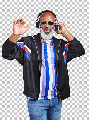 Buy stock photo Senior black man, fashion or headphones listening to music in cool retro style isolated on png. Transparent background, sunglasses or mature African person in vintage outfit streaming a radio song