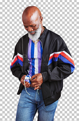 Buy stock photo Fashion, senior and a black man cleaning his sunglasses isolated on a transparent background for retro style. Retirement, eyewear and cloth with an elderly pensioner on PNG to wipe his frame lens
