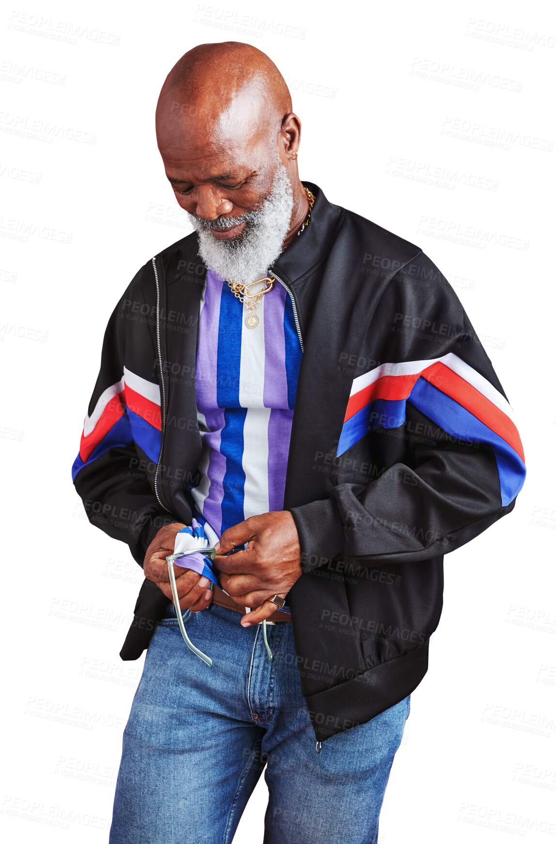 Buy stock photo Fashion, senior and a black man cleaning his sunglasses isolated on a transparent background for retro style. Retirement, eyewear and cloth with an elderly pensioner on PNG to wipe his frame lens
