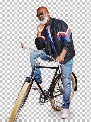 Buy stock photo Senior black man, bicycle or retro fashion in cool outfit isolated on png transparent background. Sunglasses, hipster or mature African person in streetwear jeans on vintage bike with confidence