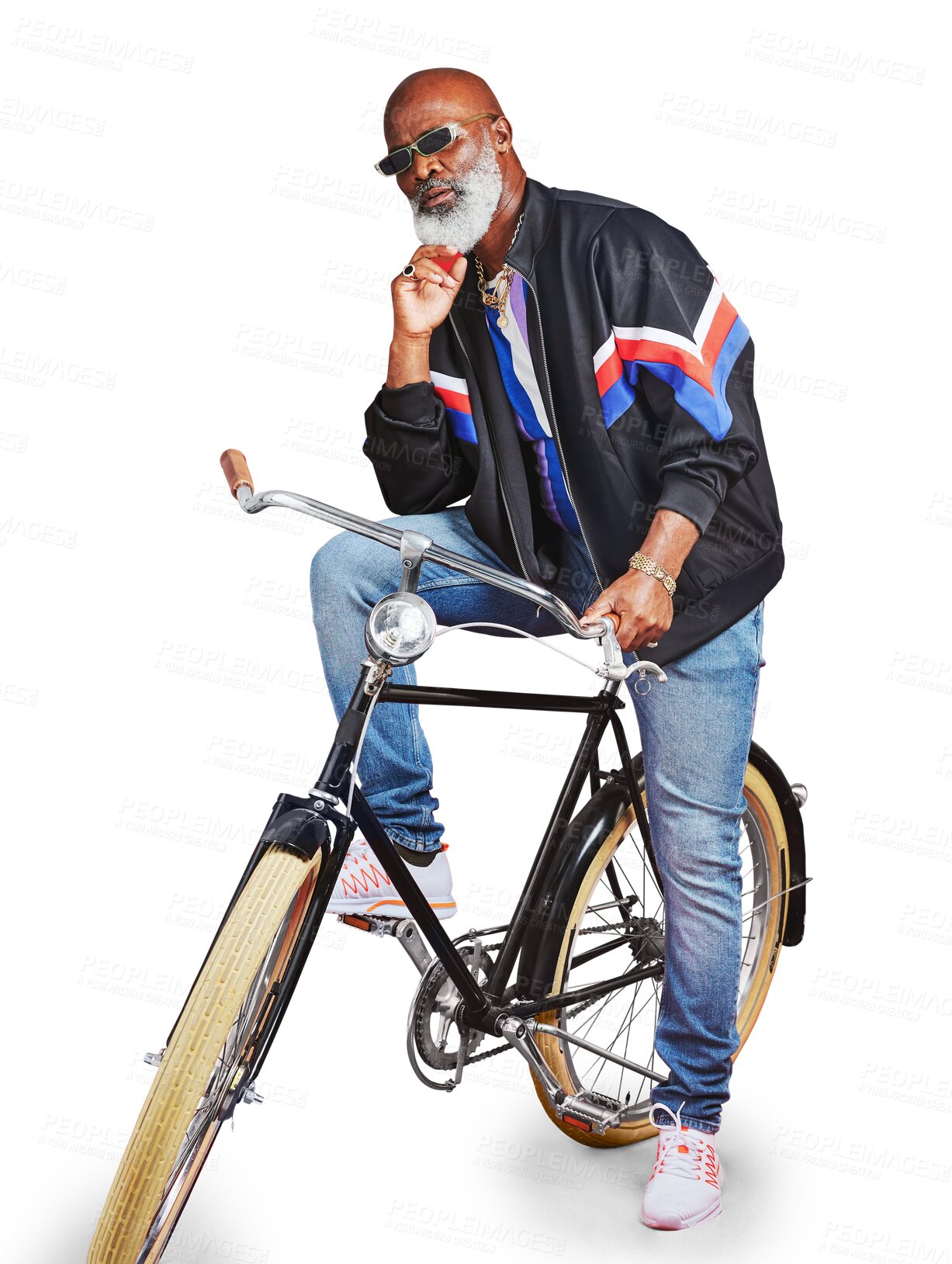 Buy stock photo Senior black man, bicycle or retro fashion in cool outfit isolated on png transparent background. Sunglasses, hipster or mature African person in streetwear jeans on vintage bike with confidence