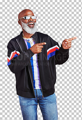Buy stock photo Fashion, smile and pointing with a senior black man isolated on a transparent background for retro style. Trendy, excited and a happy elderly person on PNG for presentation, information or promotion