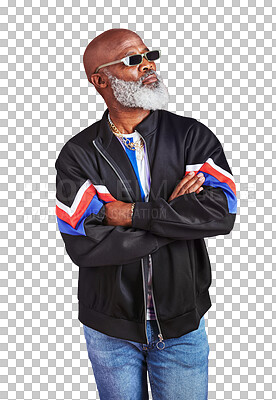 Buy stock photo Senior man, retro fashion and arms crossed in casual outfit with retirement and cool style isolated on png transparent background. Sunglasses, African model in streetwear and confidence with thinking