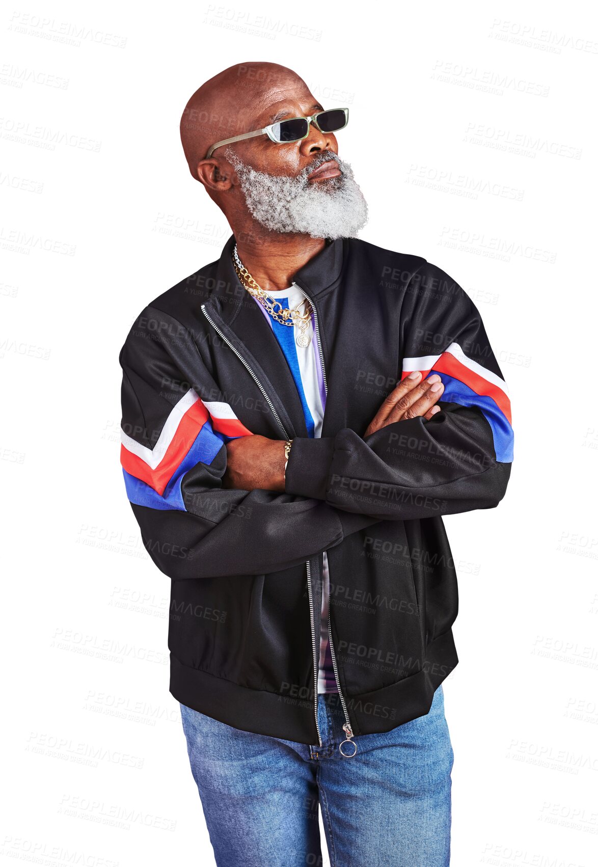 Buy stock photo Senior man, retro fashion and arms crossed in casual outfit with retirement and cool style isolated on png transparent background. Sunglasses, African model in streetwear and confidence with thinking