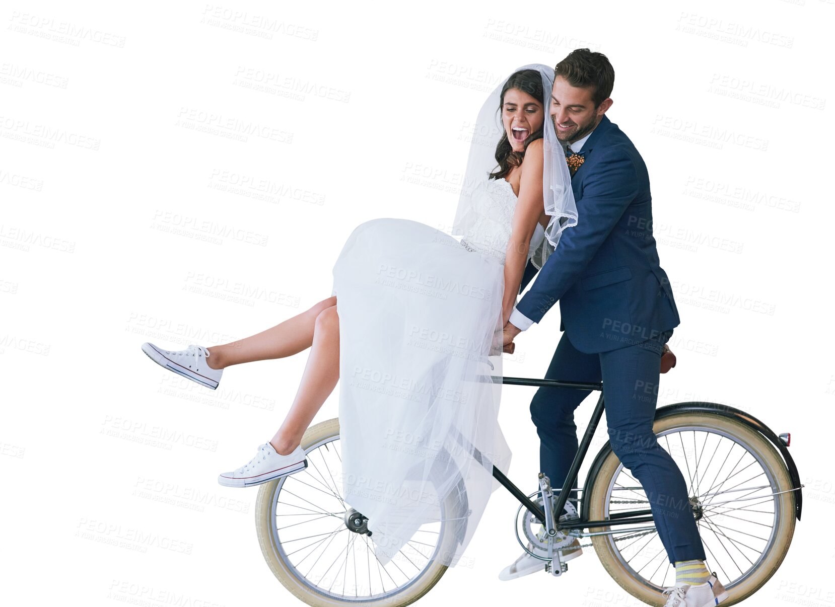 Buy stock photo Marriage, bicycle and couple with love, celebration and happiness isolated on a transparent background. Bike, happy man or woman with relationship, commitment and png with romance, travel and excited