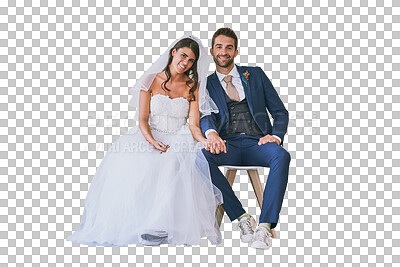 Buy stock photo Isolated couple, wedding portrait and sitting together for smile, pride or happy by transparent png background. Man, woman and marriage celebration with holding hands, new beginning or event for love