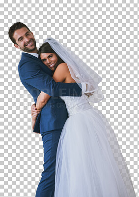 Buy stock photo Portrait, hug and couple with marriage, wedding and celebration isolated on a transparent background. Romance, happy man and woman embrace, ceremony and romantic with relationship, png and happiness