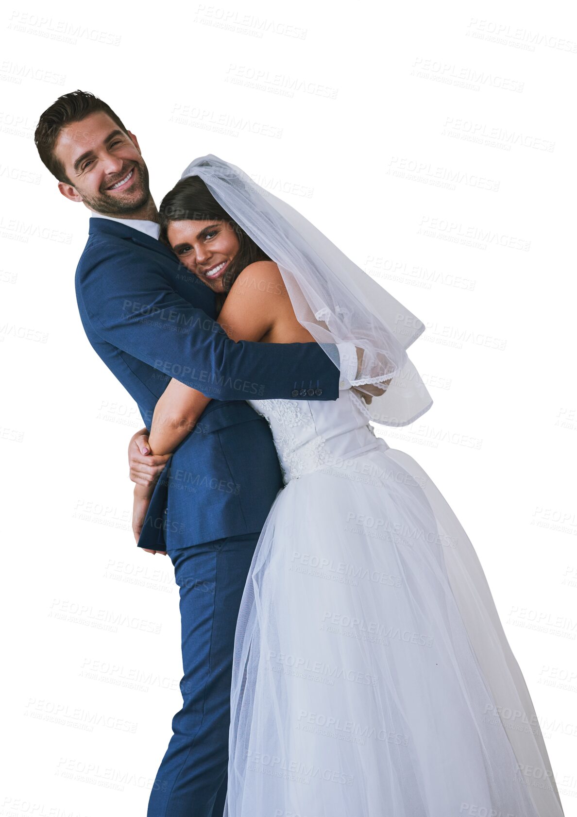 Buy stock photo Portrait, hug and couple with marriage, wedding and celebration isolated on a transparent background. Romance, happy man and woman embrace, ceremony and romantic with relationship, png and happiness