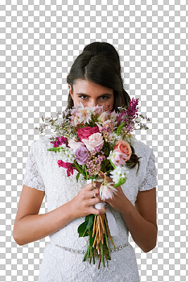 Buy stock photo Wedding, portrait and a woman with a bouquet of flowers for love isolated on a transparent png background. Shy, beautiful and a bride, girl or person with fresh roses covering face for the smell