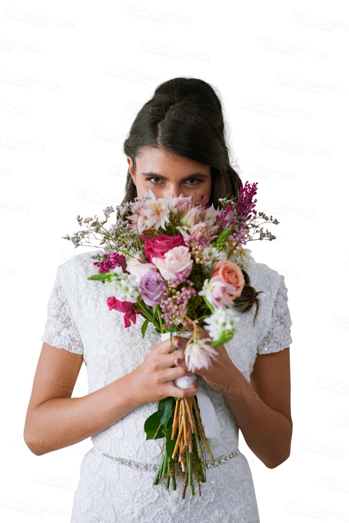 Buy stock photo Wedding, portrait and a woman with a bouquet of flowers for love isolated on a transparent png background. Shy, beautiful and a bride, girl or person with fresh roses covering face for the smell