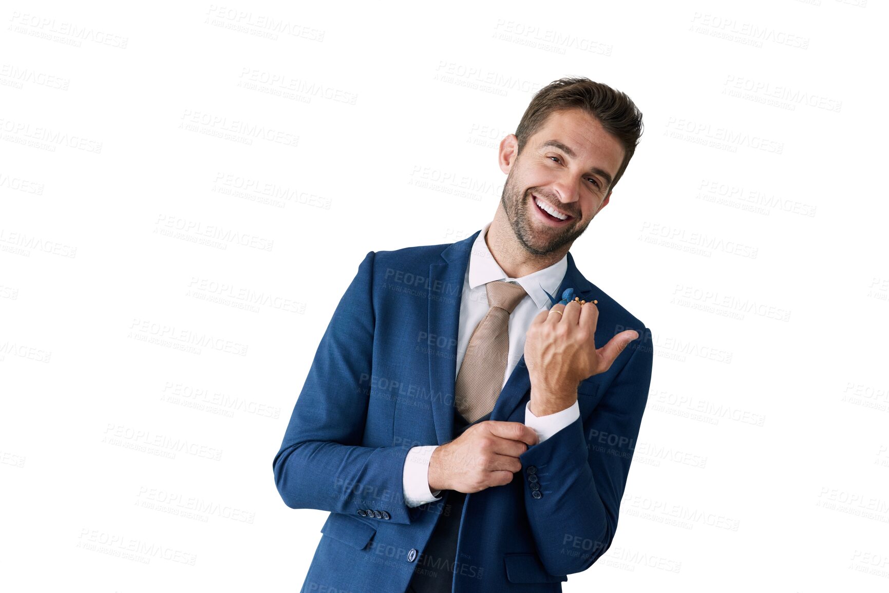 Buy stock photo Portrait, smile and wedding suit with a groom getting ready while isolated on a transparent background. Fashion, marriage and a happy young man dressing in clothes for an event or ceremony on PNG