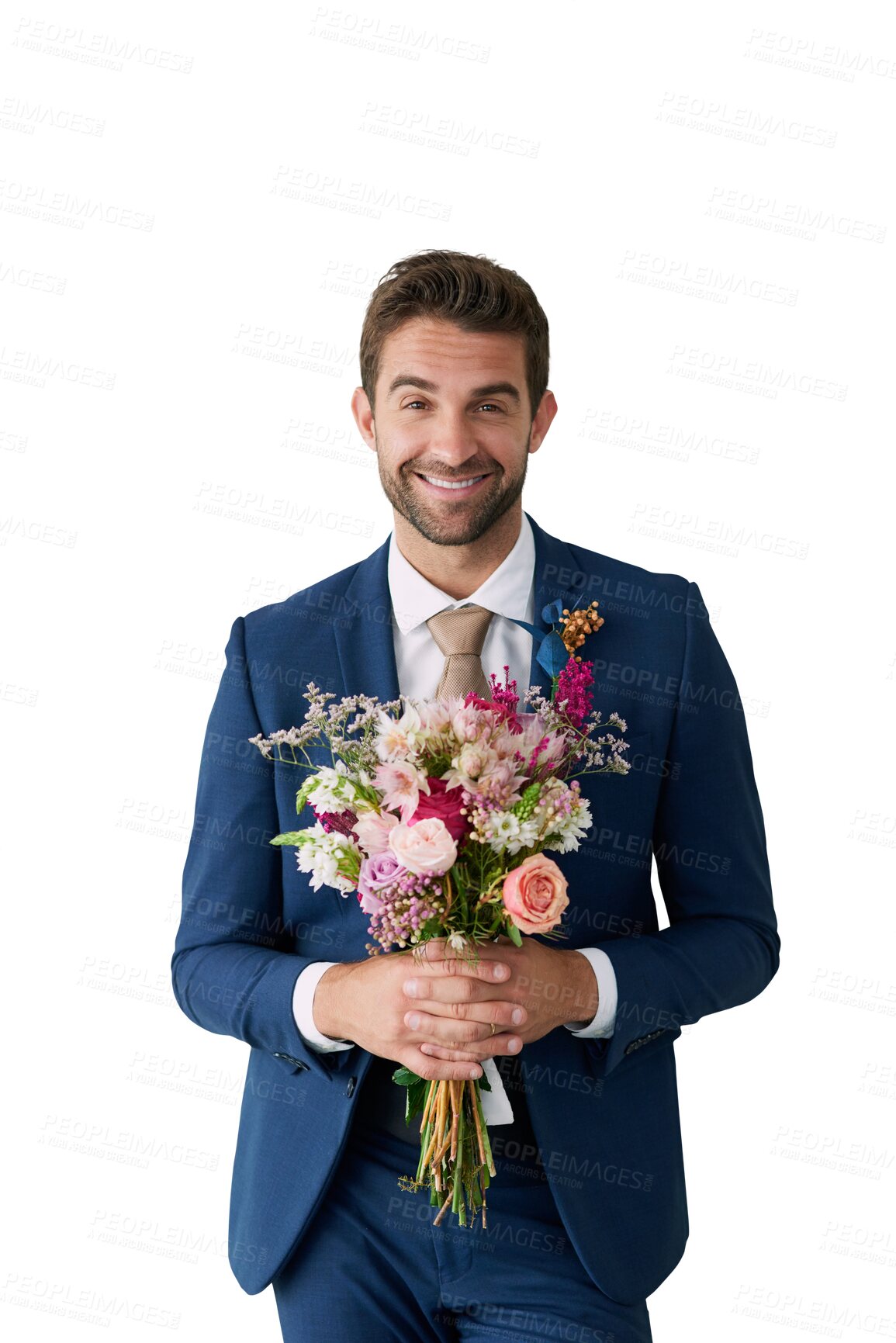 Buy stock photo Portrait, smile and man in suit with flowers for wedding celebration, valentines day or luxury event. Floral bouquet, happy person and gift or birthday present isolated on transparent png background