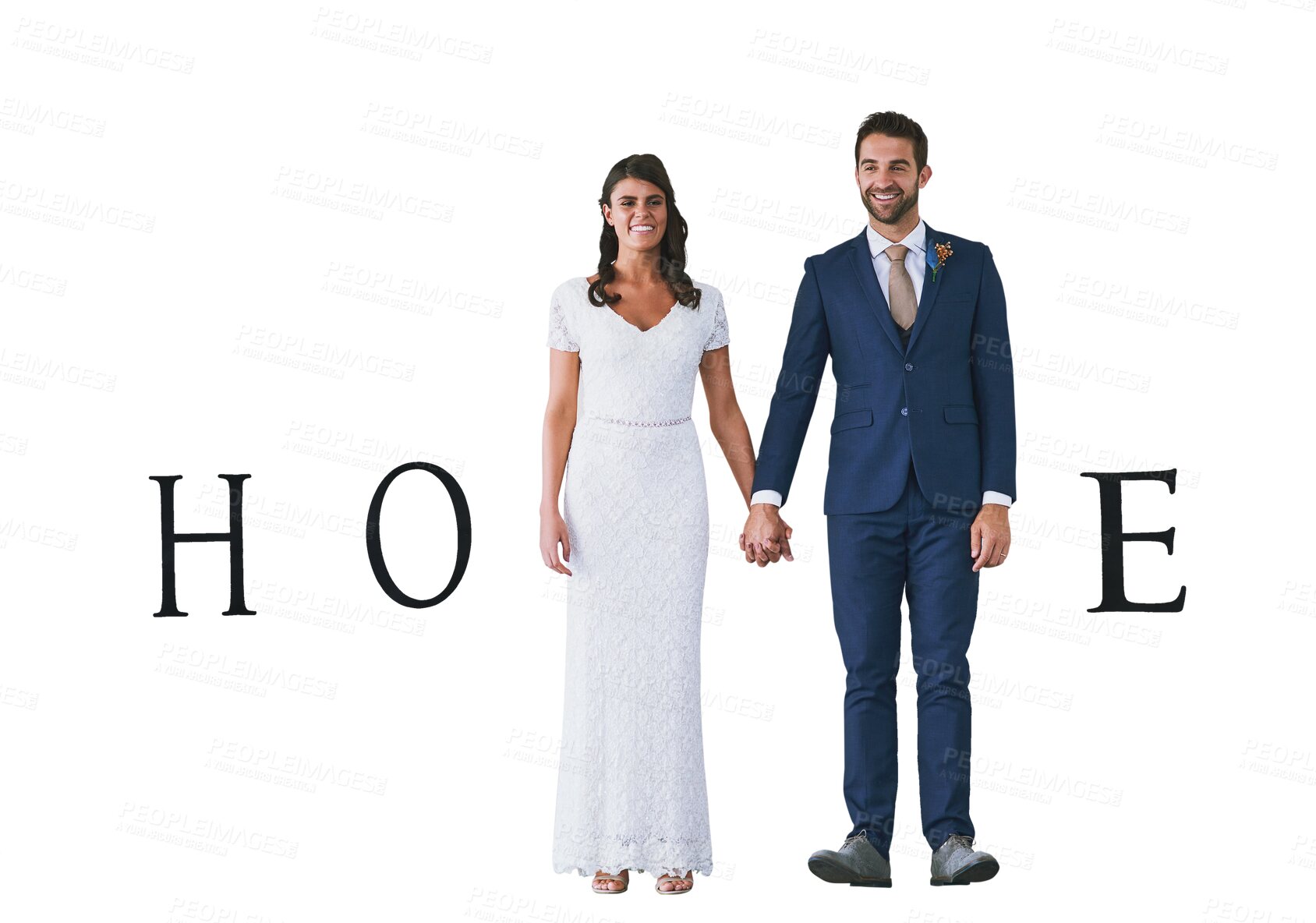 Buy stock photo Portrait, bride and groom holding hands with home text isolated on transparent background for the start of marriage. Wedding, love or smile with a man and woman on PNG as husband and wife for trust