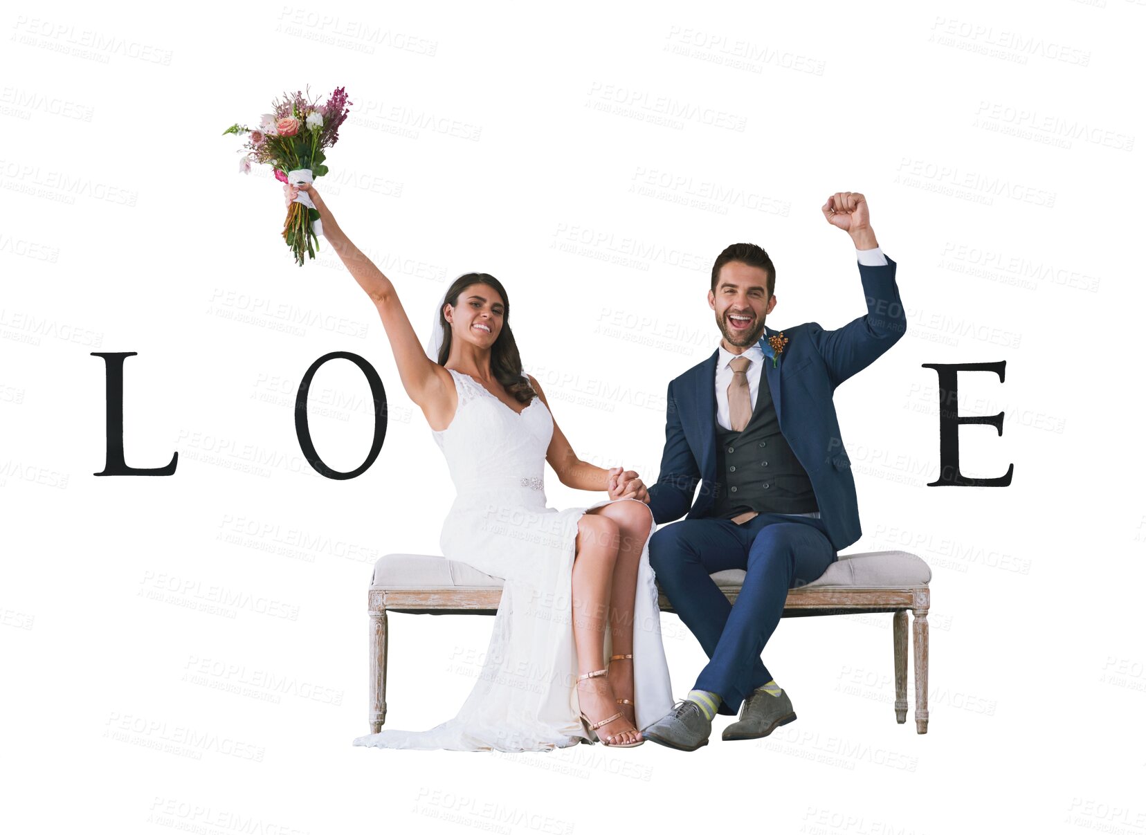 Buy stock photo Portrait, love and couple with wedding, marriage and celebration isolated on a transparent background. Romance, v sign and man with woman, relationship or ceremony with bride, groom and png or text