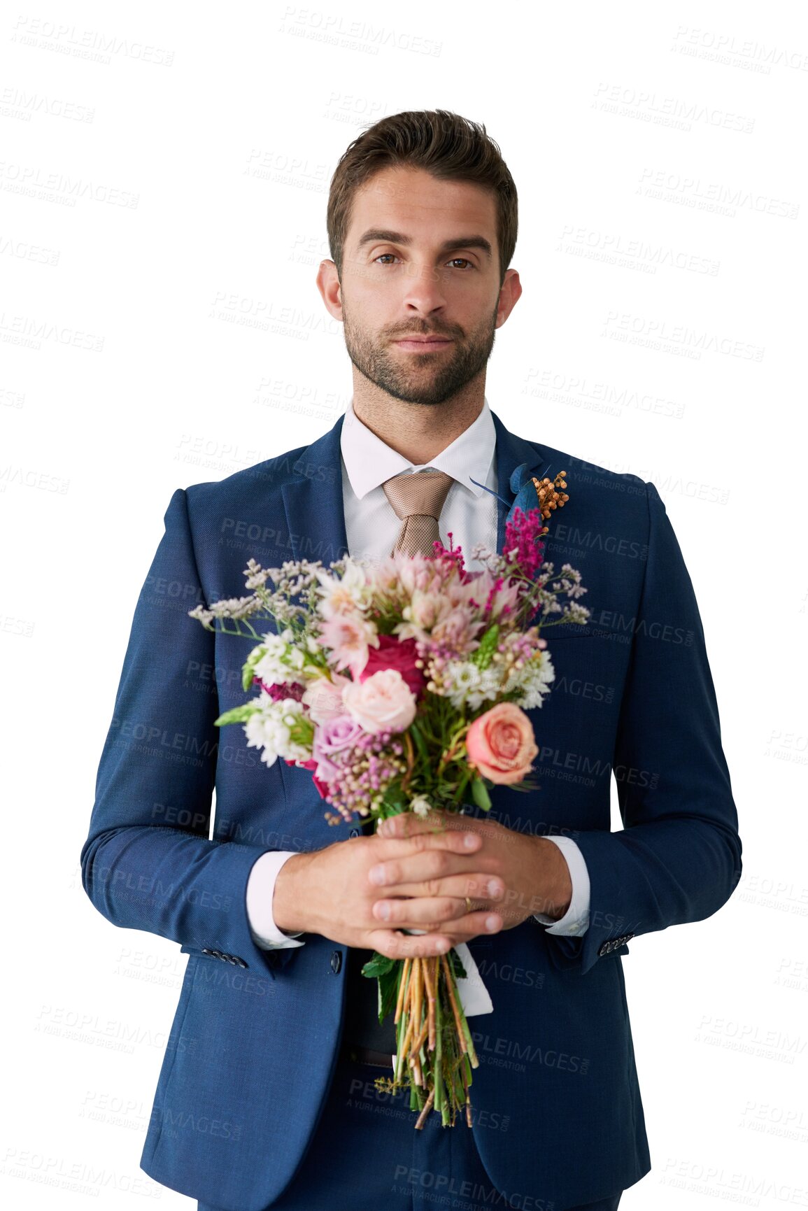 Buy stock photo Portrait, serious and man in suit with flowers at wedding celebration, valentines or luxury event. Floral bouquet, confident person or gift for birthday present isolated on transparent png background