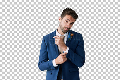 Buy stock photo Portrait, love and wedding suit with a man getting ready while isolated on transparent background. Fashion, marriage tuxedo and a happy young groom dressing in clothes for an event or ceremony on PNG