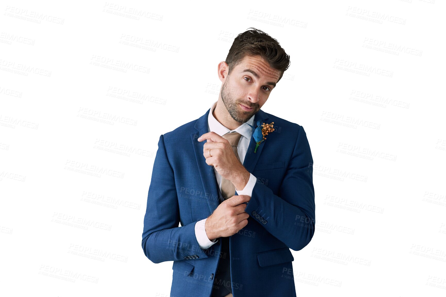 Buy stock photo Portrait, love and wedding suit with a man getting ready while isolated on transparent background. Fashion, marriage tuxedo and a happy young groom dressing in clothes for an event or ceremony on PNG