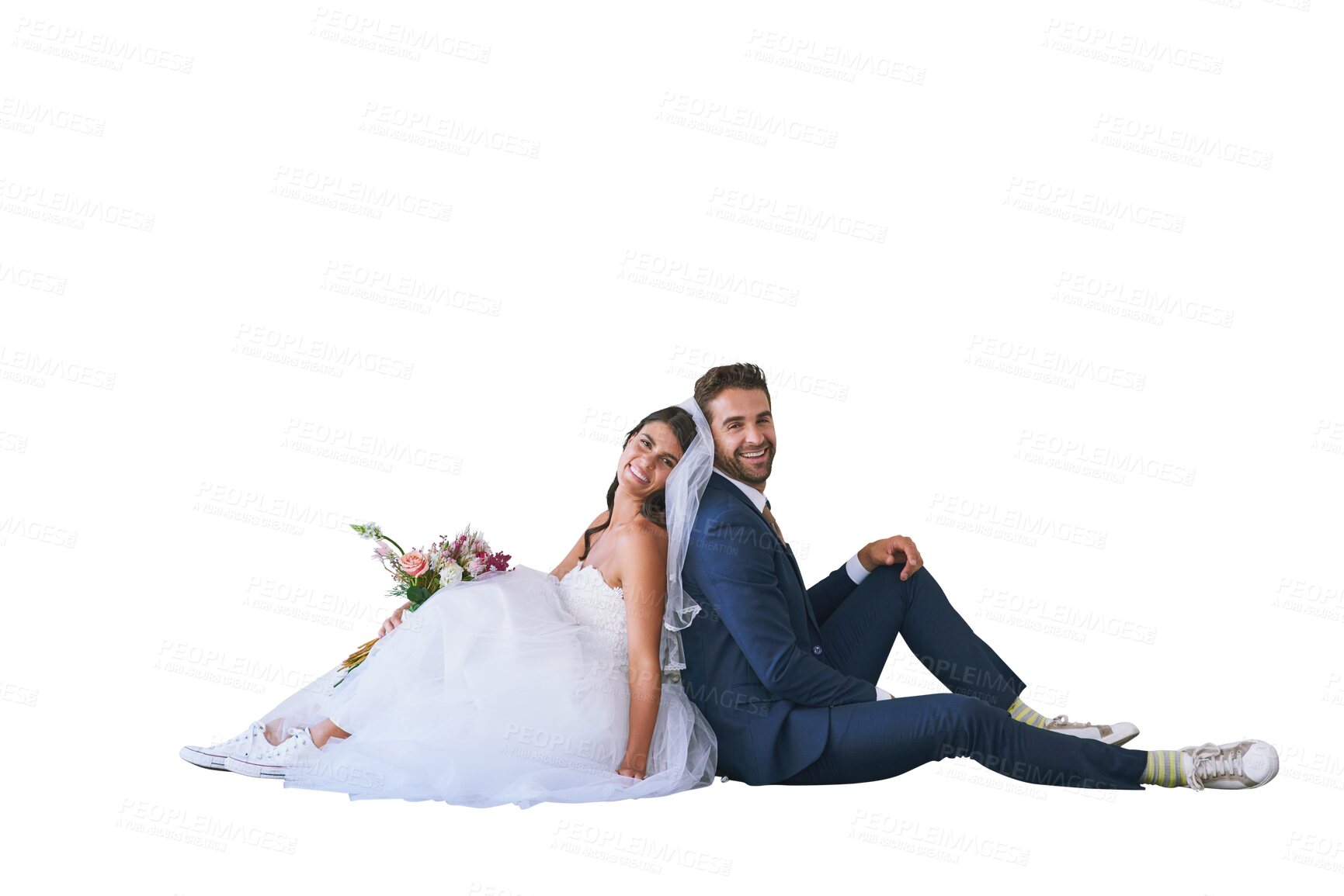 Buy stock photo Isolated couple, marriage flower bouquet and portrait for sitting, smile or pride by transparent png background. Man, woman and happy wedding celebration with new beginning, party or event for love