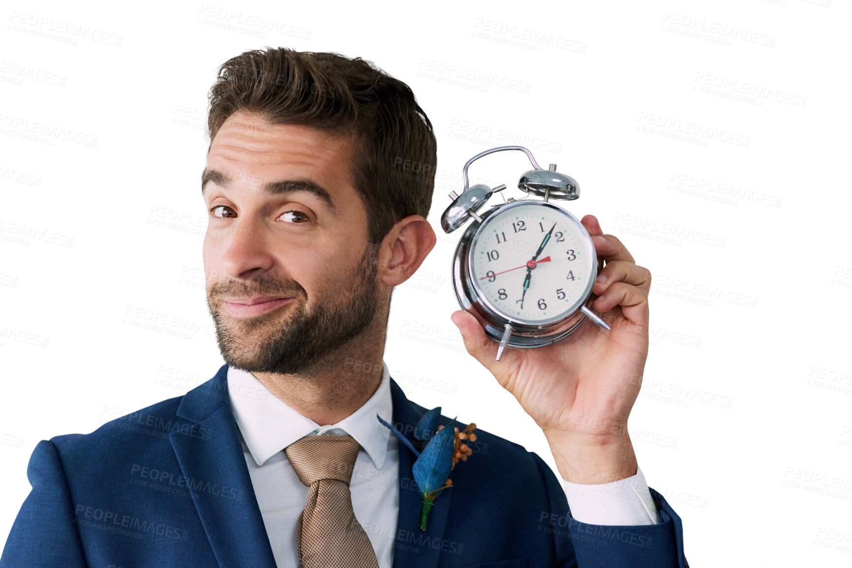 Buy stock photo Portrait, smile and clock for time with a groom isolated on a transparent background for his wedding. Face, fashion and waiting with a happy young man on PNG for his marriage ceremony or event