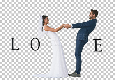 Buy stock photo Wedding, love text and couple holding hands for celebration in studio isolated on a png transparent background. Happiness, man and woman in suit and dress making a v sign for romance or relationship