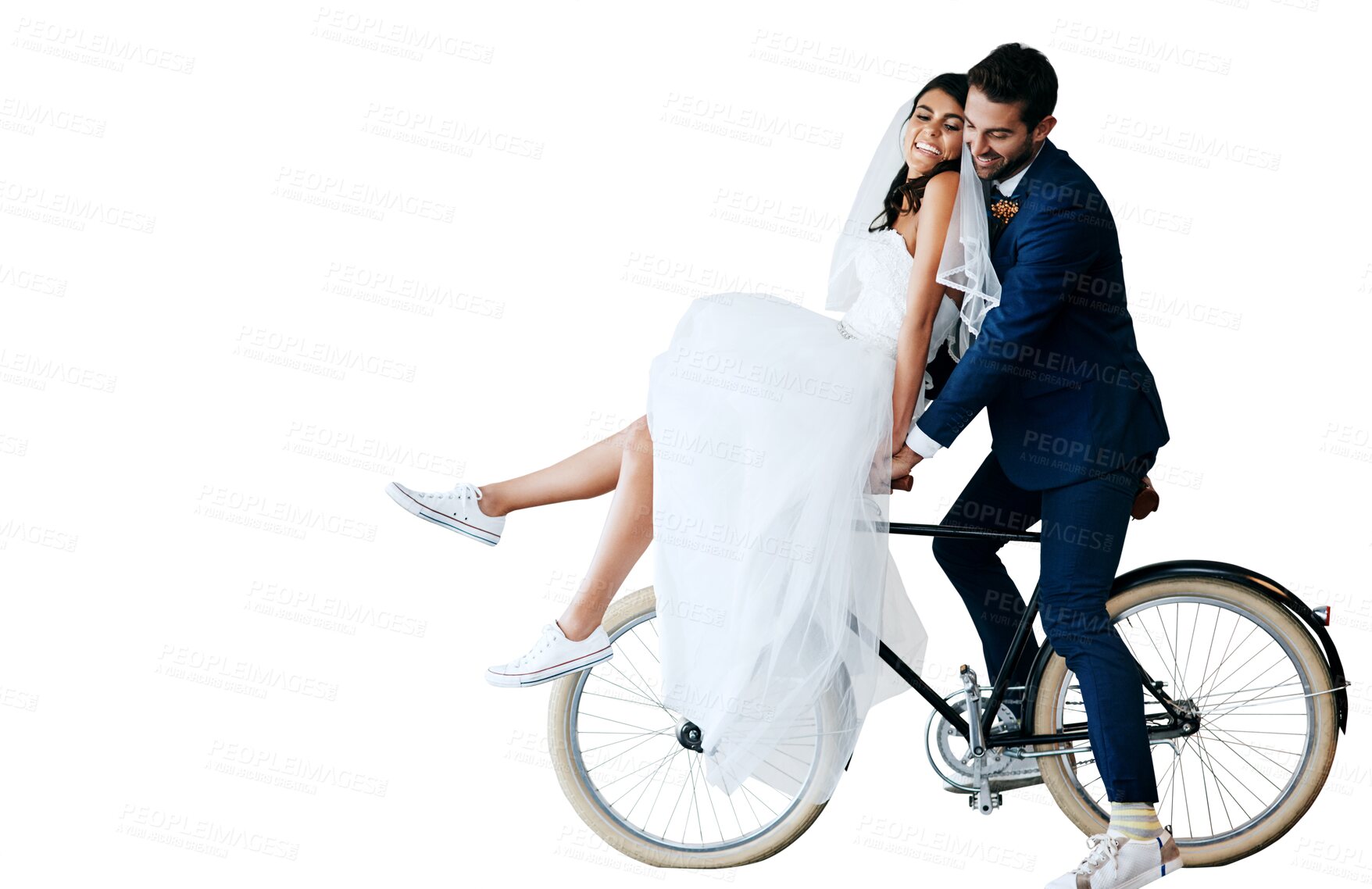 Buy stock photo Smile, wedding and couple on bicycle for celebration event isolated on a transparent png background. Marriage, happy bride and groom on bike to travel together on transport for love, romance and care