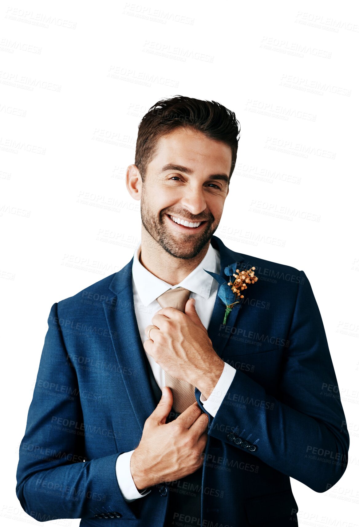 Buy stock photo Portrait, love and wedding suit with a groom getting ready while isolated on a transparent background. Smile, marriage and a happy young man dressing in clothes for an event or ceremony on PNG