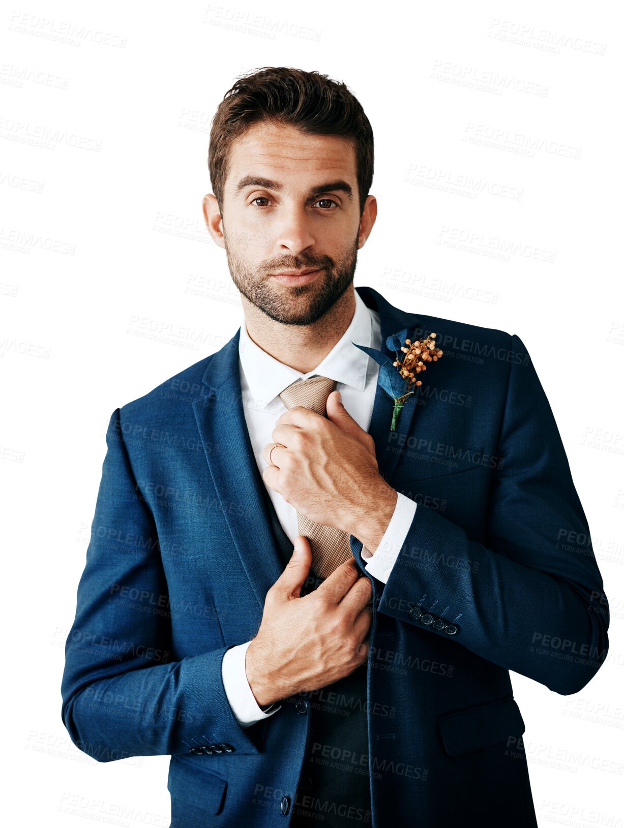 Buy stock photo Groom, man fixing tie in portrait with fashion and wedding, commitment and ceremony isolated on png transparent background. Confidence, marriage and life with formal suit, party and celebration