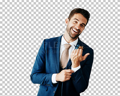 Buy stock photo Portrait, happy man and wedding suit with a groom getting ready isolated on transparent background. Fashion, style and smile with a young person dressing in clothes for an event or ceremony on PNG