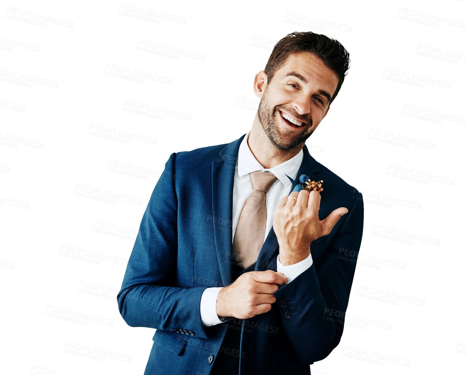 Buy stock photo Portrait, happy man and wedding suit with a groom getting ready isolated on transparent background. Fashion, style and smile with a young person dressing in clothes for an event or ceremony on PNG