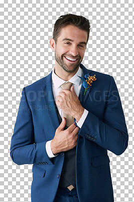 Buy stock photo Groom, happy man and tie in portrait with wedding fashion, commitment and ceremony isolated on png transparent background. Confidence, marriage and life with formal suit, party and celebration