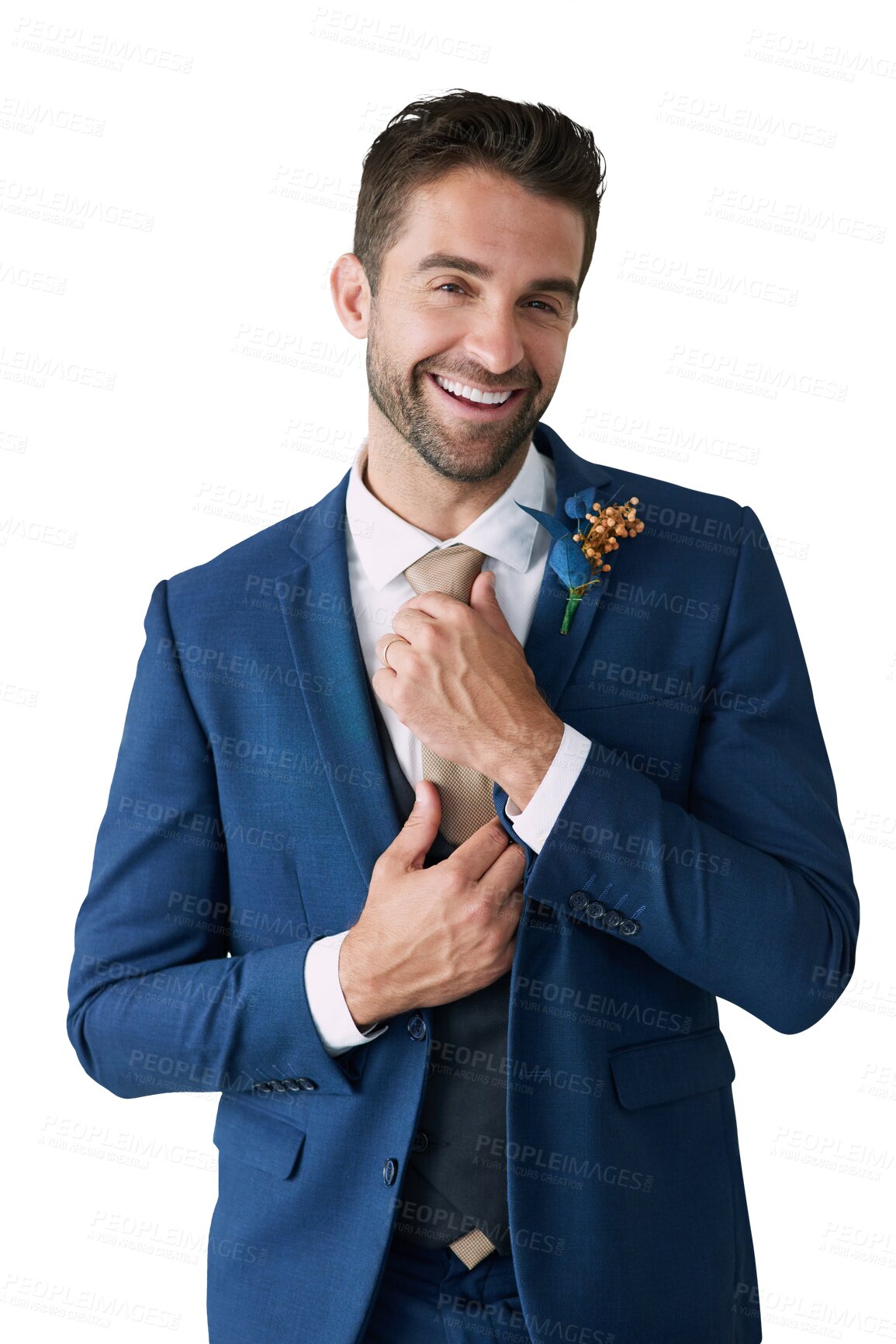 Buy stock photo Groom, happy man and tie in portrait with wedding fashion, commitment and ceremony isolated on png transparent background. Confidence, marriage and life with formal suit, party and celebration