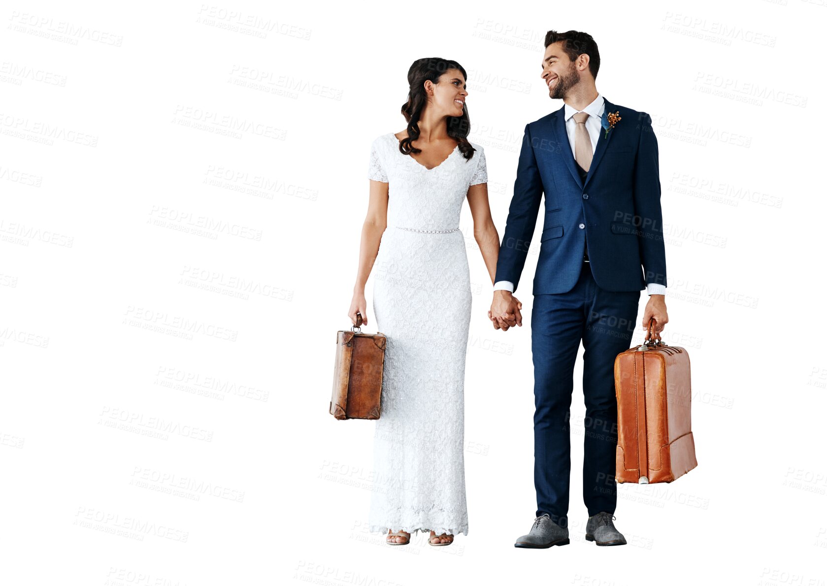 Buy stock photo Wedding, bride and groom with love, suitcase and travelling isolated on a transparent background. Relationship, romance and happy man with woman, marriage and honeymoon with future journey and png